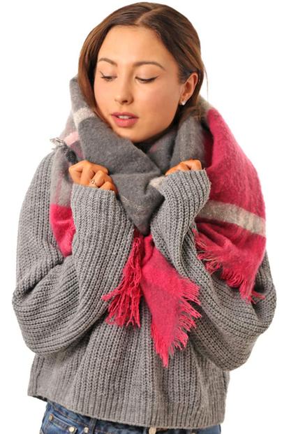 Pink Striped Tartan Winter Blanket Scarf