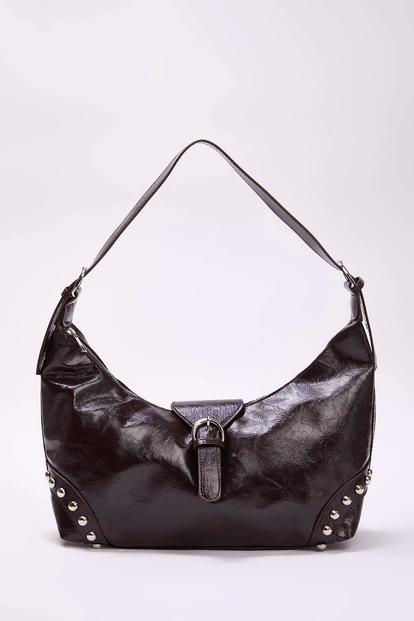 Black Studded Patent Buckle Hobo Shoulder Bag