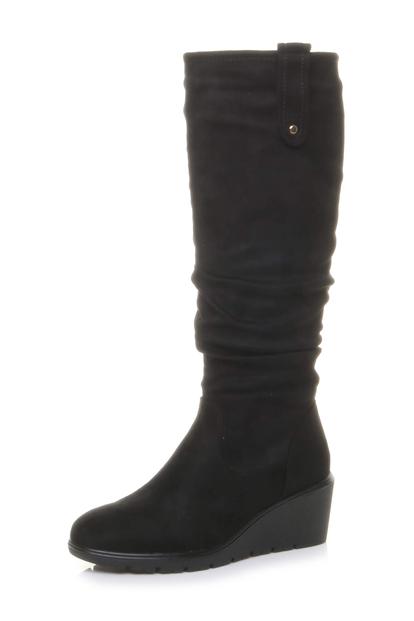 Black Mid Wedge Heel Slouch Knee High Calf Boots