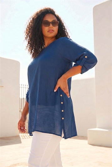 Blue Curve Buttoned Side Asymmetric Top