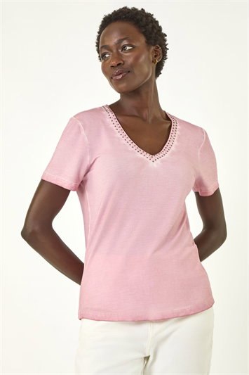 Pink Bead Trim Detail V-Neck Top