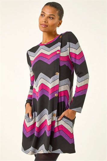 Purple Zig Zag Side Button Dress