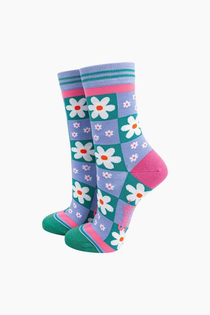 Pink Flower Checkerboard Bamboo Socks