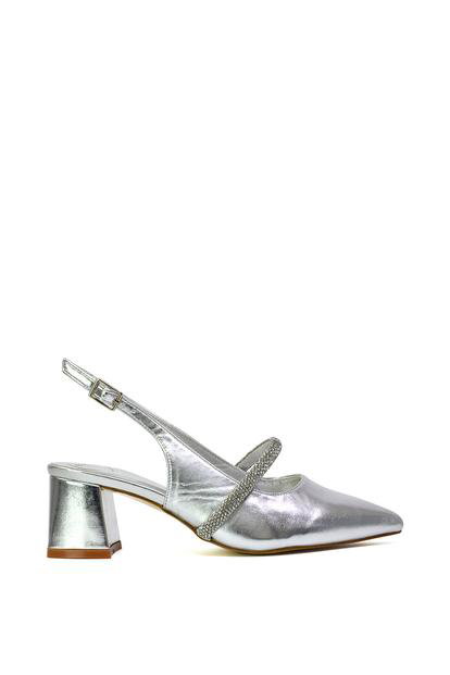 Pink 'Sandie' Sling Back Strappy Pointed Toe Diamante Mid Block Heels