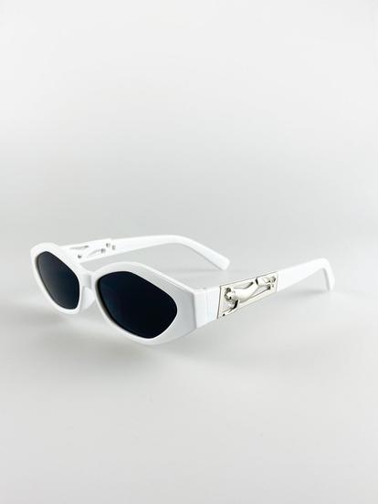 White Angular Cateye Sunglasses With Metal Panther Badge