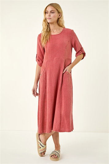 Red Textured A-Line Midi Dress