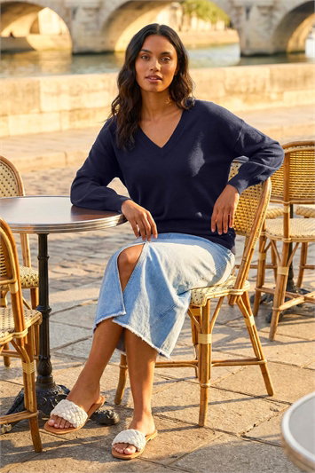Blue Plain Stretch V-Neck Longline Jumper