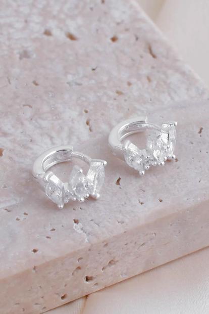 Metallic Sterling Silver Cz Leaf Huggie Hoops 6Mm