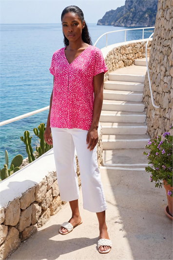 Pink Spot Print V-Neck Pleat Front Top