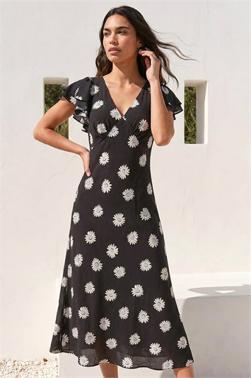 Black Floral Print Frill Midi Dress