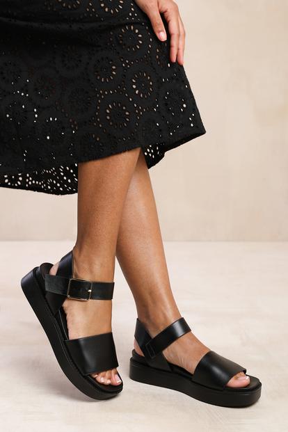 Black 'Phoenix' Classic Flat Sandals Strap Buckle