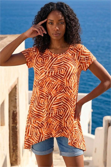 Orange Abstract Print Hanky Hem Tunic Top