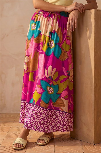 Purple Tile Hem Print Stretch Skirt