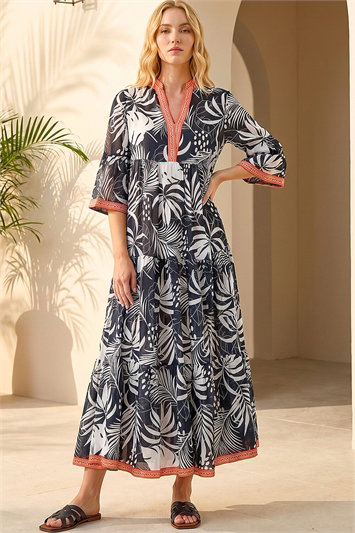 Black Leaf Border Print Maxi Dress