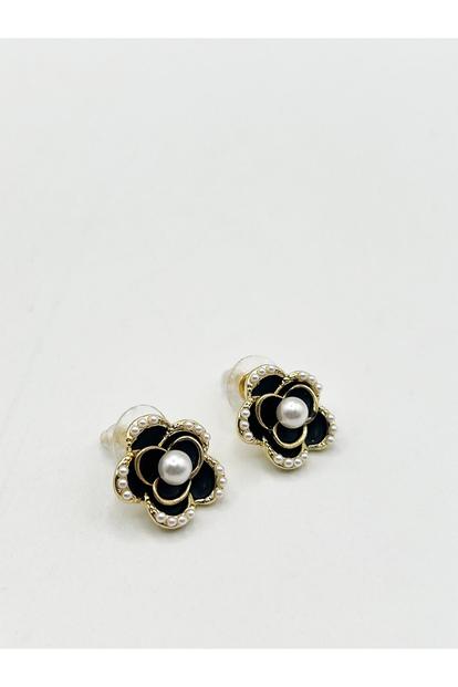 Metallic Black Floral Pearl Stud Earrings In Gold - Gift Boxed