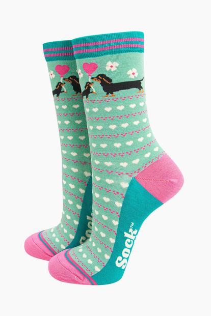 Green Sausage Dog & Puppy Bamboo Socks