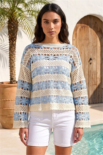 Floral Stripe Crochet Knit Jumper 16342845