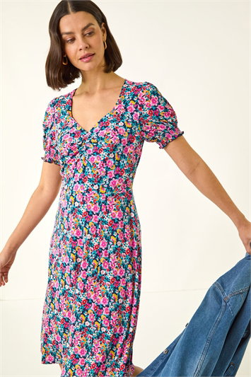 Pink Floral Print Ruched Dress
