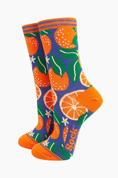 Blue Orange Fruit Tree Bamboo Socks
