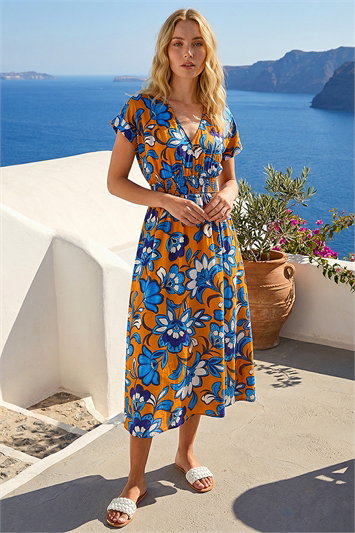 Orange Floral Print Shirred Midi Dress