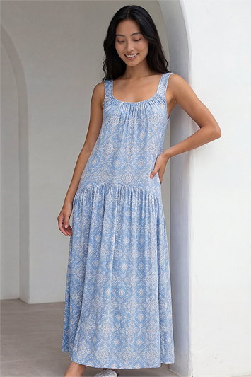 Petite Tile Print Gathered Dress 14912809