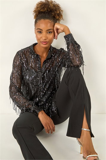 Grey Sequin Tassel Stretch Shirt