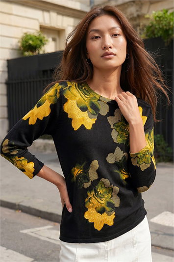 Black Sparkly Floral Print Knit Jumper