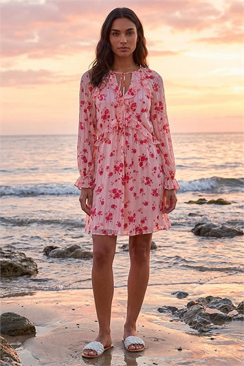 Pink Rose Print Ruffle V-Neck Smock Dress