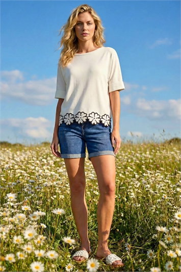 White Floral Trim Knit Top