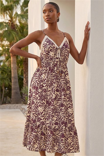 Brown Petite Abstract Crochet Trim Dress