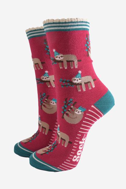 Blue Lazy Sloth Christmas Bamboo Socks
