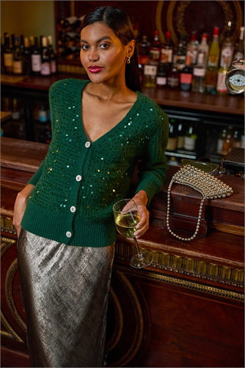 Green Buttoned Sparkly Knit Cardigan