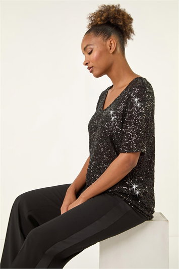 Black Sequin Embellished V-Neck Top