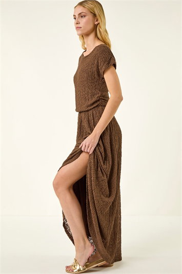 Brown Textured Floral Lace Maxi Dress