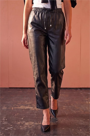 Black Petite Faux Leather Textured Drawstring Trouser