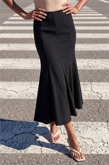 Black Textured Panel Stretch Maxi Skirt