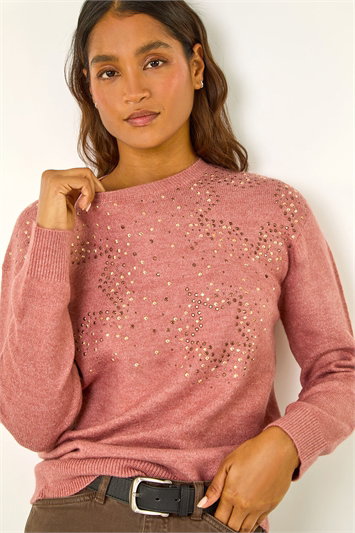 Red Sparkly Star Detail Crew Neck Jumper