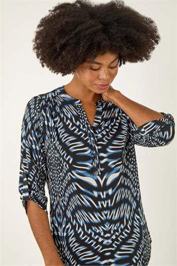 Blue Abstract Puff Print Stretch Top