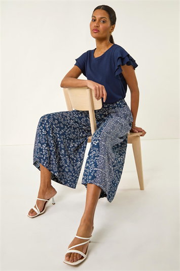 Blue Floral Print Wide Leg Culottes