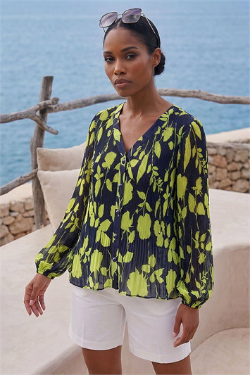Blue Floral Print Pleated Blouse