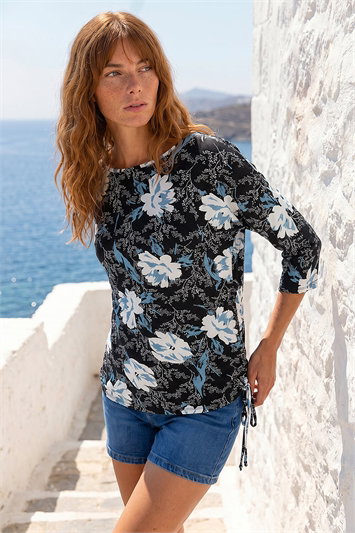 Blue Floral Print Side Tie Stretch Top