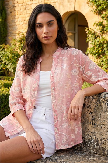 Pink Floral Print V-Neck Button Blouse
