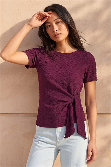 Red Petite Textured Side Tie Stretch Top