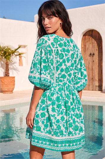 Tie Front Border Print Tassel Dress 14767992