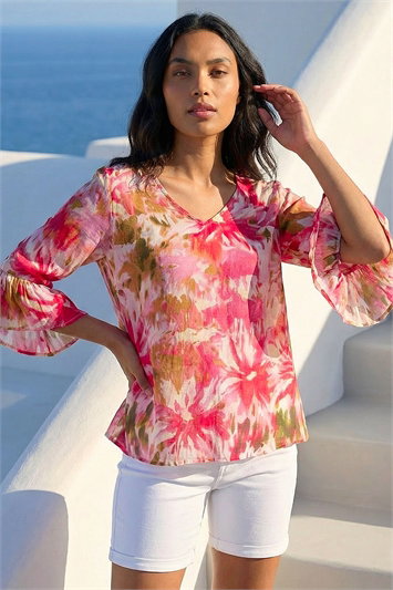 Pink Abstract Floral Flare Sleeve Top