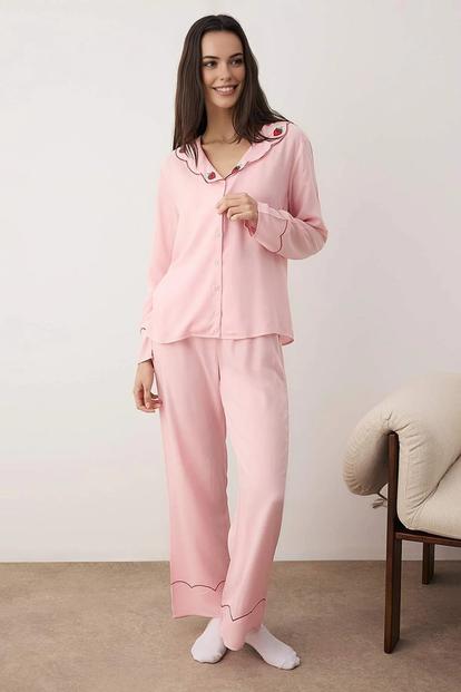 Pink Strawberry Embroidered Scallop Trim Long Sleeve Pyjama Set