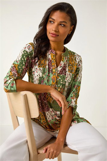 Green Contrast Print Pintuck Shirt