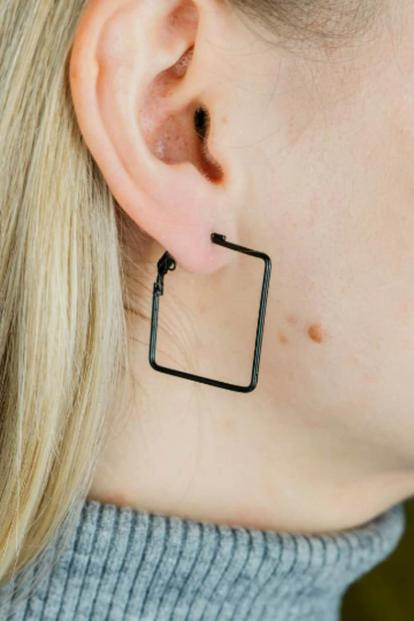 Black The Colourful Aura Black Thin Bar Threader Square Hoop Earrings