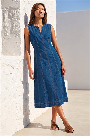 Blue Panel Detail Midi Dress
