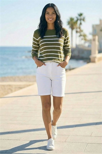 Green Slash Neck Stripe Knit Jumper